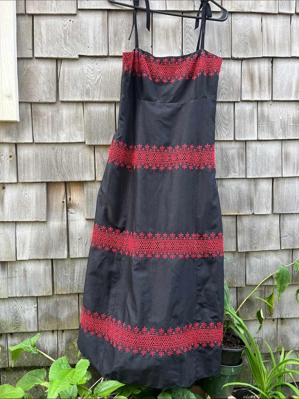 Japanese brand, black and red cotton embroidered dress S